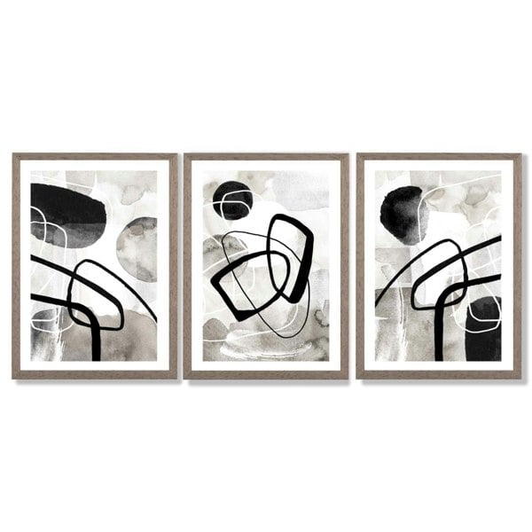 Artze Wall Art Set of 3 Abstract Black Grey Watercolour Framed Wall Art