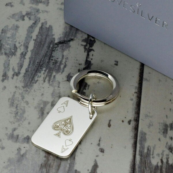 Christopher James of London Sterling Silver Ace Of Spades Playing Card Keyring With Optional Engraving