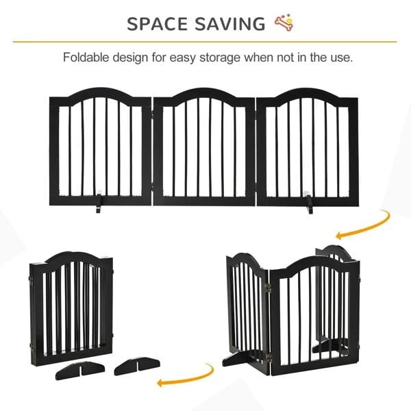 Black foldable pet gate with vertical slats, compact panels for easy storage