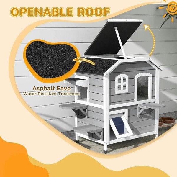 2-story Cat House Outdoor, Weatherproof Wooden Cat Enclosure with Escape Door, Openable Roof, Jumping Platforms, Grey