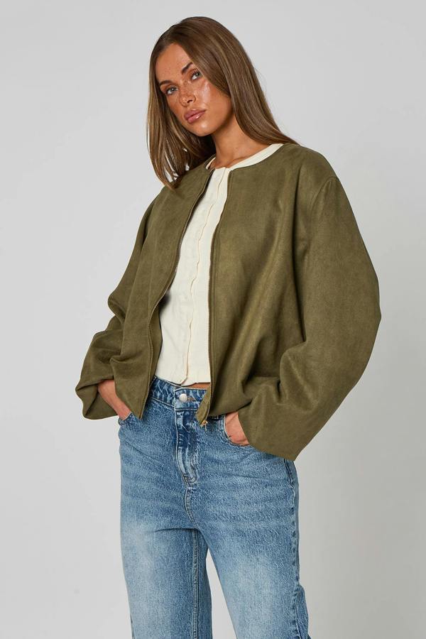 Urban Bliss Khaki Faux Suede Bubble Hem Jacket