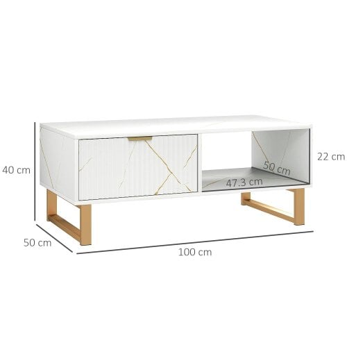 Wyld Haus Lima Wooden White Marble Effect and Gold Coffee Table With 2 Storage Drawers