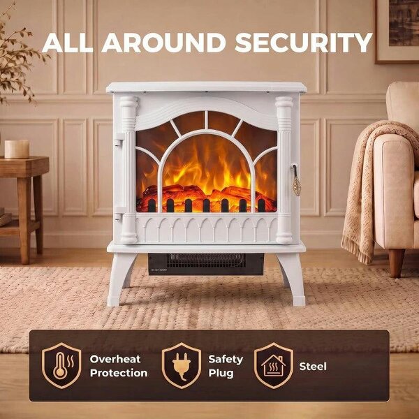 3-Sided Glass Electric Fire Fan Heater, Electric Fireplace Stove Freestanding Log Burner with Flame Effect, White