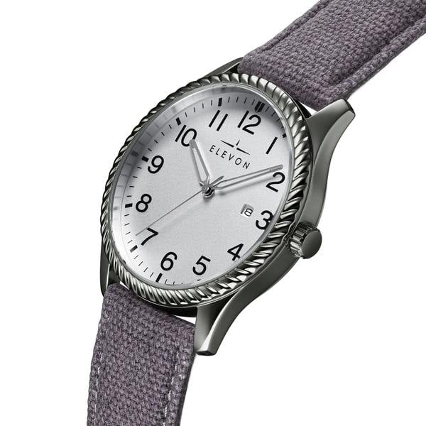 Elevon Crosswind Canvas-Overlaid Leather-Band Watch w/ Date - Gunmetal/Grey - ELE128-6
