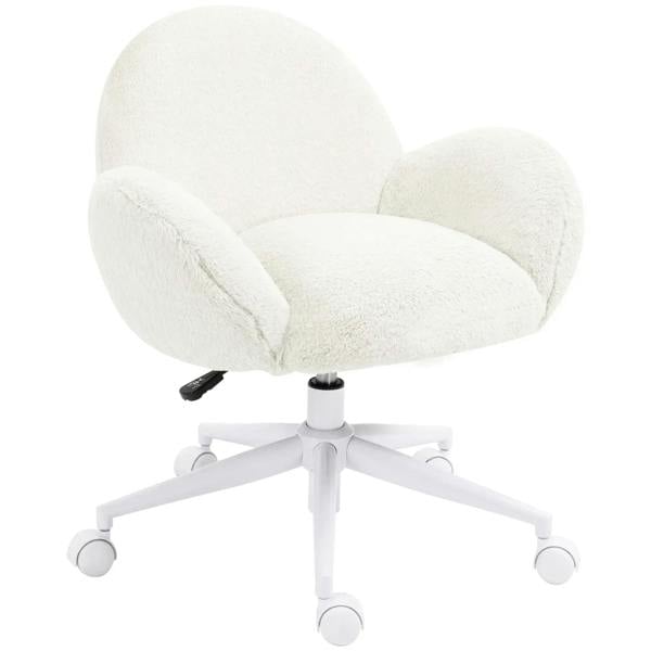 Cream white fluffy swivel vanity chair with rounded arms and rolling casters