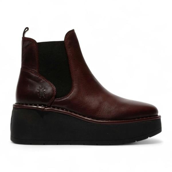 Fly London Womens Wine Red HELY268 Chelsea Leather Ankle Pull-On Platform Comfort Boots