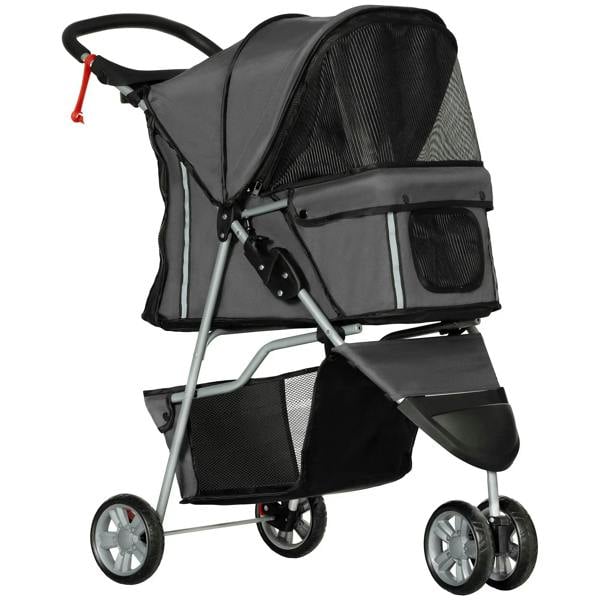 Charcoal grey 3-wheel pet stroller with mesh front, canopy, and padded handle