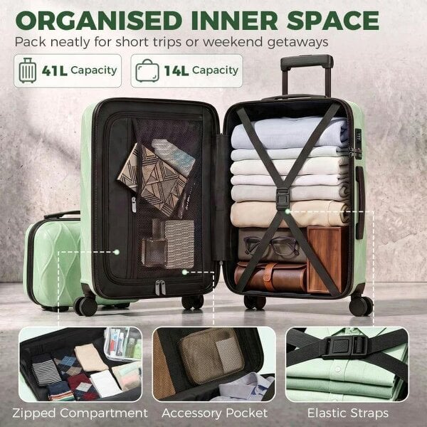 Bobobiy 2-Piece Luggage Set, ABS Hard Shell Carry On Suitcase Set with TSA Lock, Spinner Wheels, 12/20 inch, Green