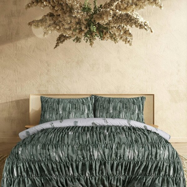 Smart Living Reversible Polycotton Fern Rouched Duvet Cover and Pillowcase Set