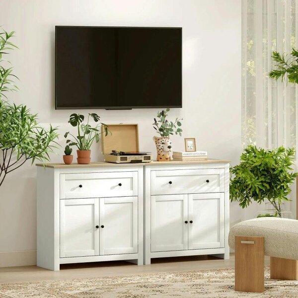 Sideboard Storage Cabinet, Modern Kitchen Cupboard with Adjustable Shelf, Drawer and Double Doors, Cream White