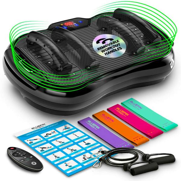 Vibration plate with removable handles, remote, resistance bands, and workout guide on a white background.