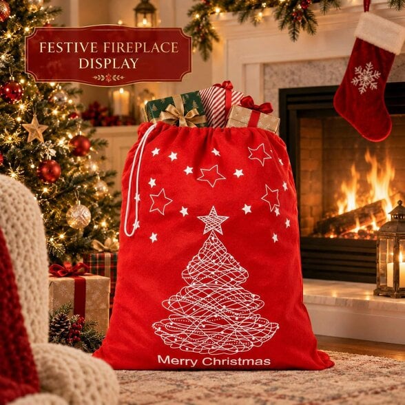 Shatchi 60cm x 45cm Red Merry Christmas Santa Sack with Festive Print for Gifts and Dressing Up