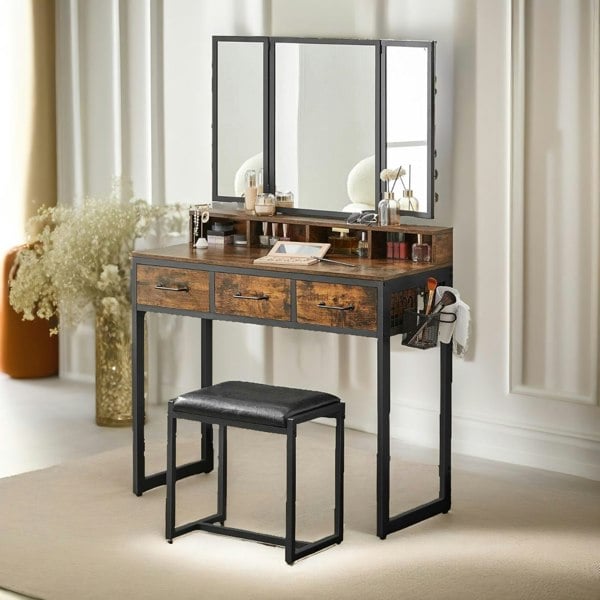 Rafaelo Mobilia 3 Drawer Dressing Table With Mirror And Stool Rustic Brown