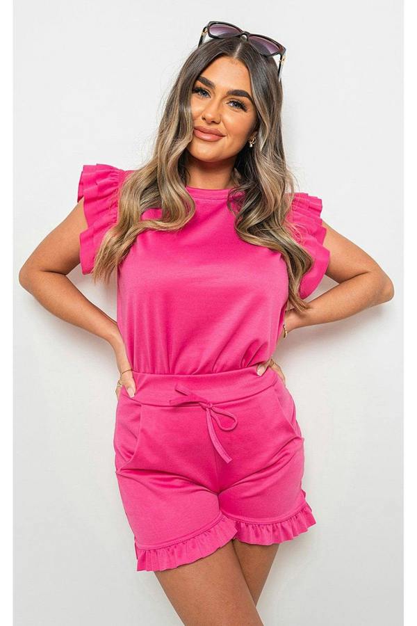 Avie Plain Frill Peplum Sleeve Top Shorts Co-ord Set - Fuschia
