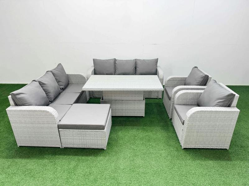 Fimous PE Rattan High Back Outdoor Set, Garden Furniture, Adj Height Table, 3 Seater Sofa, Reclining Chair and Big Footstool, Light Grey