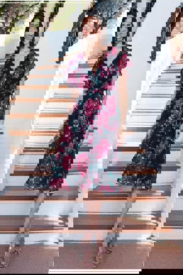 Printed Lurex A-Line Flutter Sleeve Midi Dress - Black DR4516