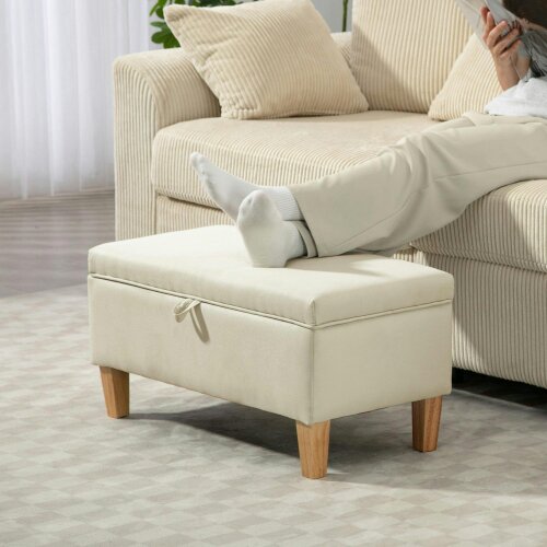 Wyld Haus Suba Linen Beige Storage Footstool With Storage Natural Wooden Legs