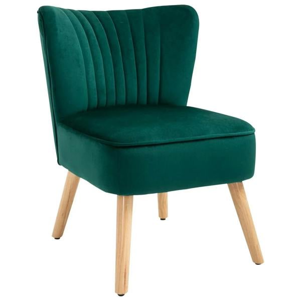 Green fabric accent chair with tufted back, thick padded seat, and light wood legs