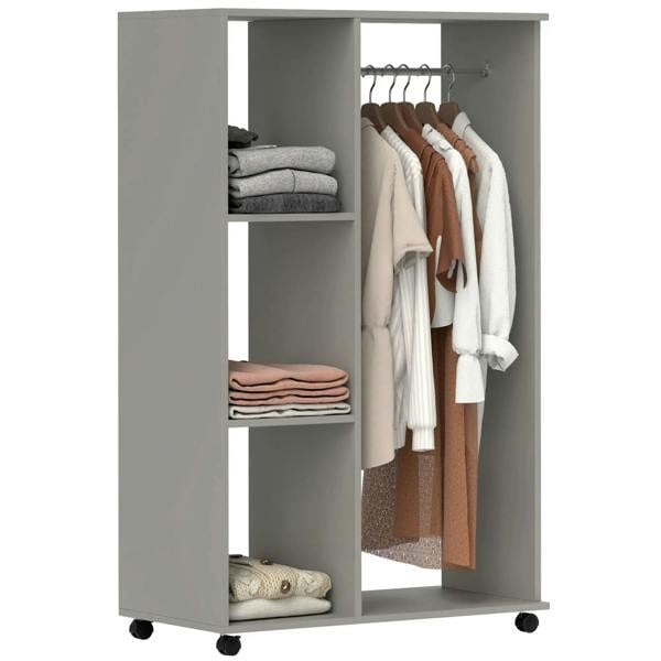 Grey mobile wardrobe with hanging rail and open shelves, storing folded clothes