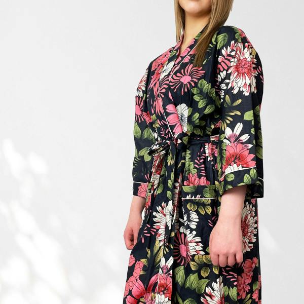 Hayley & Co Black and Pink Flower Print 100% Cotton Dressing Gown