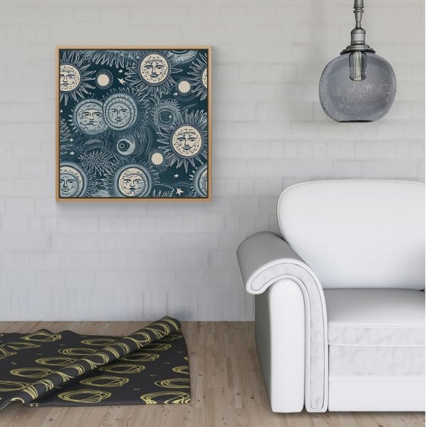 Warren Reed Silver Blue Moon and Stars Framed Canvas