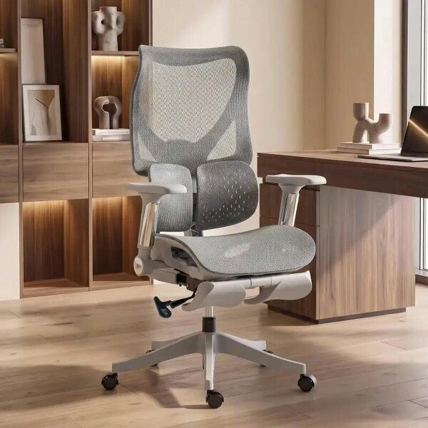 Ergonomic Office Chair with Lumbar Support, Mesh Reclining Desk Chair with Footrest, Adjustable High Back, Grey