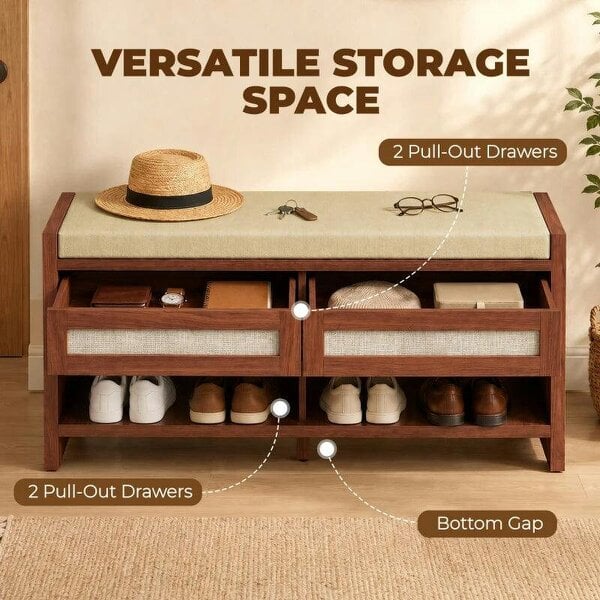 Boho Shoe Bench with 2 Rattan Drawers, Shoe Storage Bench with Cushioned Seat and Open Shelf Brown