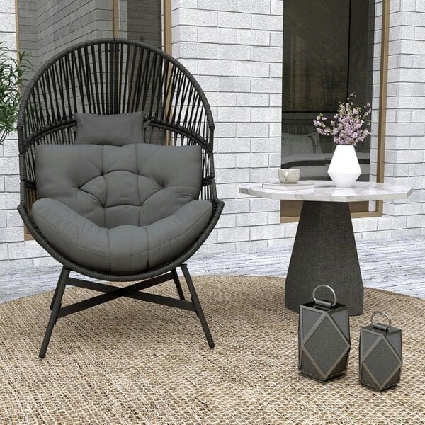 Wyld Haus Rataco Rattan Charcoal Grey Oversized Freestanding Egg Chair With Tufted Cushion And Headrest