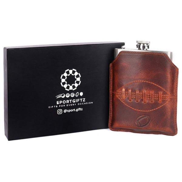 SPORTGIFTZ - Buffalo Leather Hip Flask | 8oz Capacity | Brown Leather Cover | Ideal for Rugby Enthusiasts