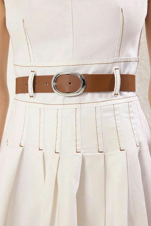 WOVCOR Belted V-Neck Pleated Mini Denim Dress
