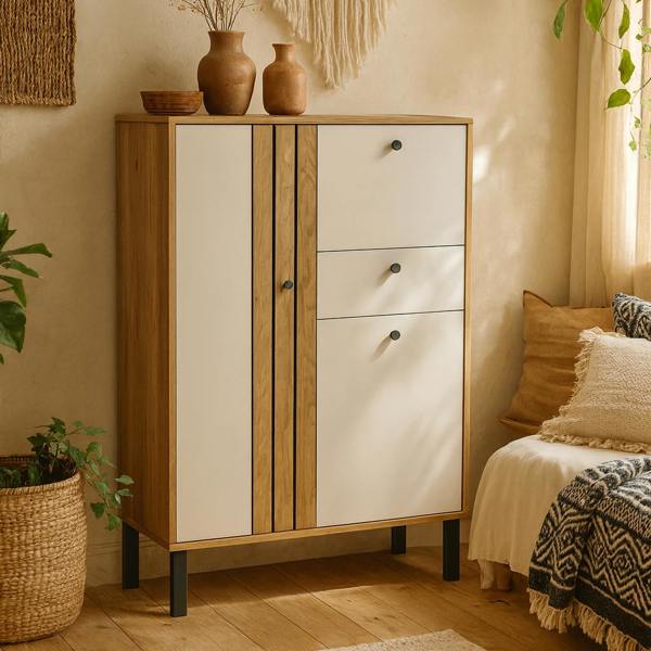 Wyld Haus Pebblethorn Cream and Natural Oak Wood 3 Door 1 Drawer Cabinet
