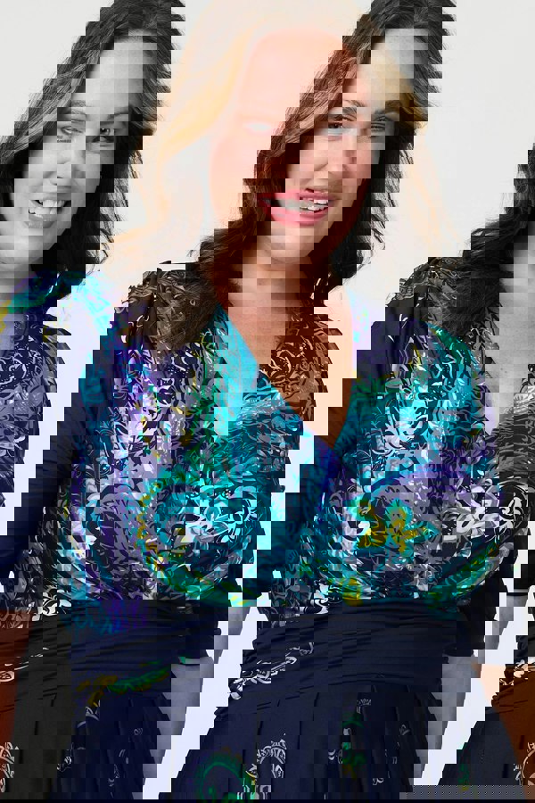 Teal | Printed Ruched Waist Midi Dress