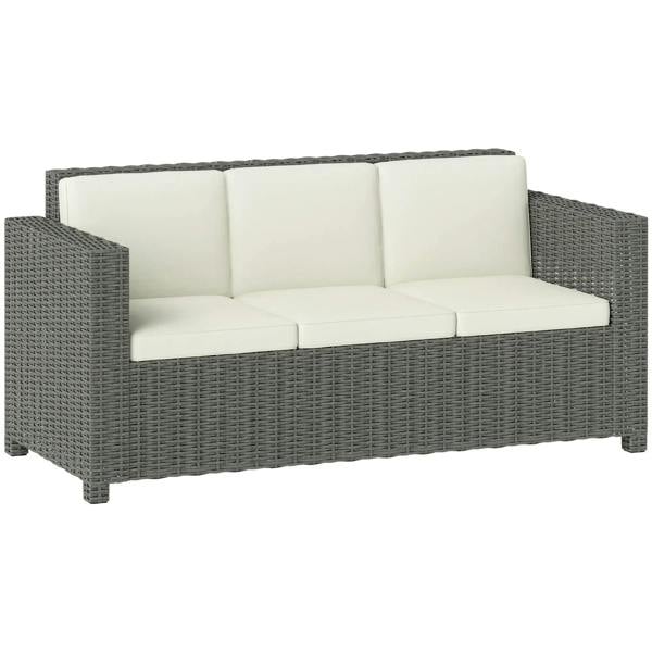 3-seater outdoor wicker rattan sofa with cream cushions and grey weave armrests