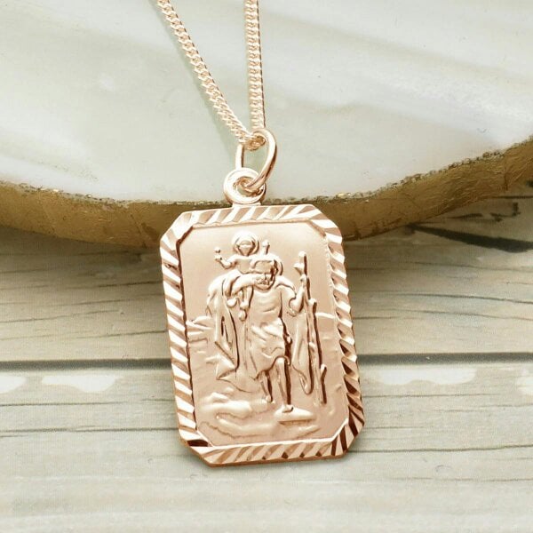 Christopher James of London 9ct Rose Gold Plated Diamond Cut Rectangle St Christopher Pendant With Optional Engraving and Chain