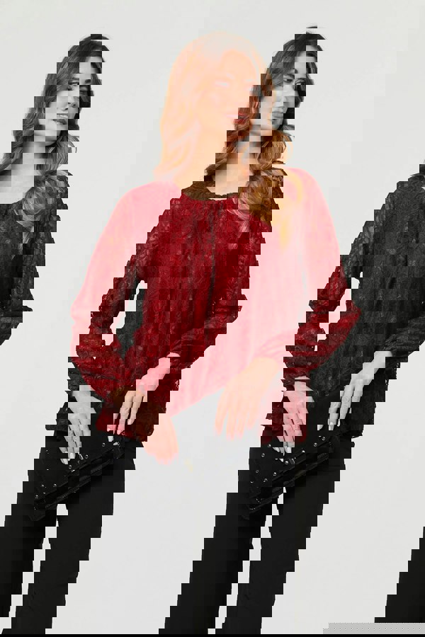 Burgundy | Floral Lace Semi Sheer Ruched Blouse
