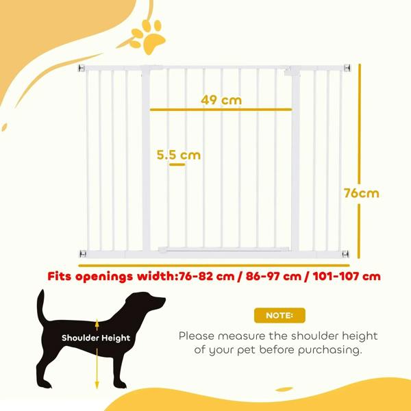 White pet safety gate showing size markings and paw icon