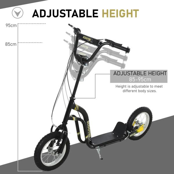 Black kids stunt scooter with adjustable height handlebars and 12-inch wheels, size diagram included.