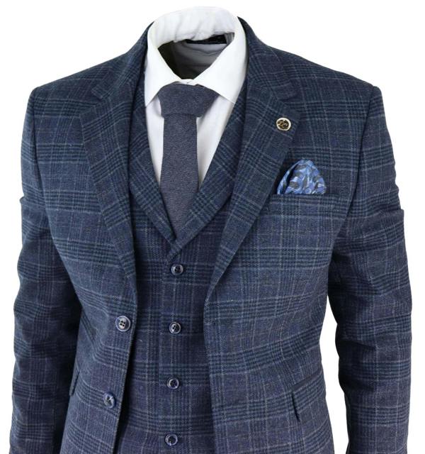 TruClothing Mens Blue Check 3 Piece Tweed Suit Peaky Blinders 1920s Gatsby Tailored Fit