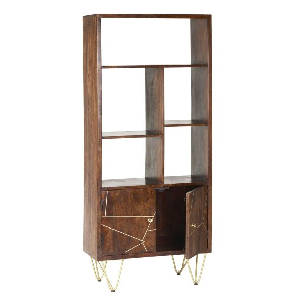 Wyld Haus Bandung Dark Mango Wood and Gold Large Bookcase 2 Door 5 Shelves