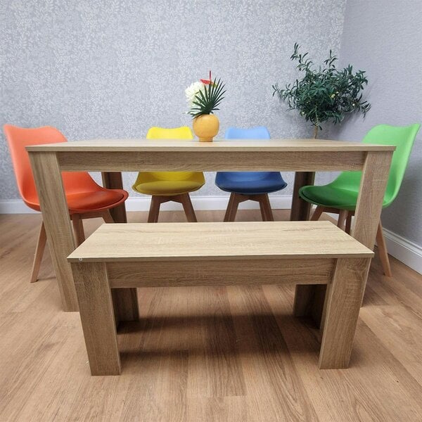 Kosy Koala Oak Effect Dining Table Set With 4 Mix Plastic Chairs And Bench Dining Room Furniture