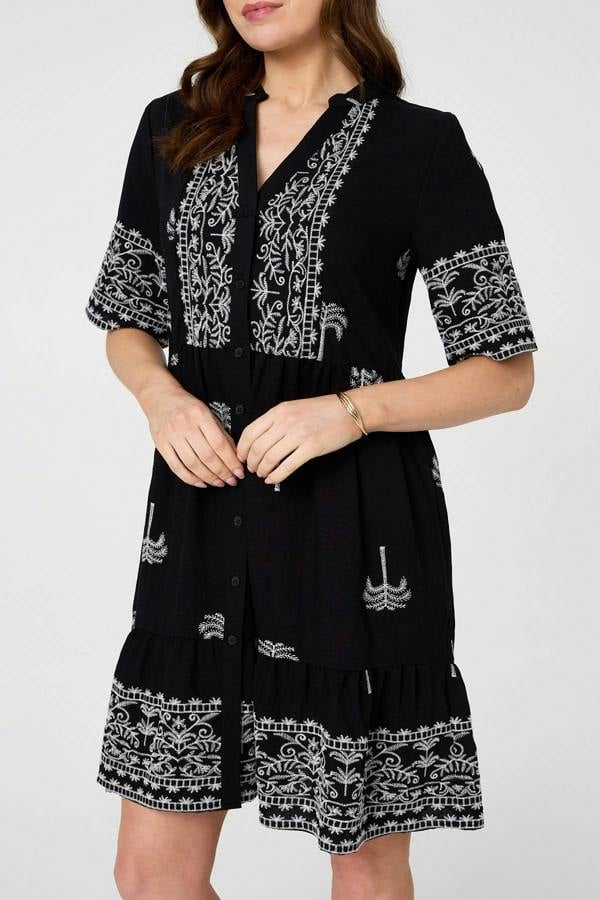 Black | Border Print 1/2 Sleeve Short Dress