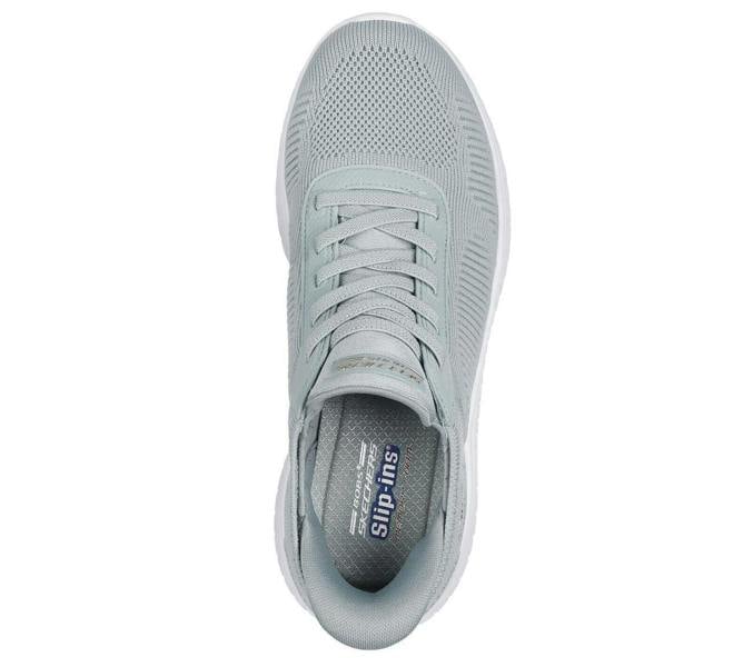 Skechers BOBS Sport Squad Chaos Womens Slip-Ins Sports Shoe Trainers, light grey slip-on athletic shoes with breathable mesh upper and cushioned interior for comfort and support.