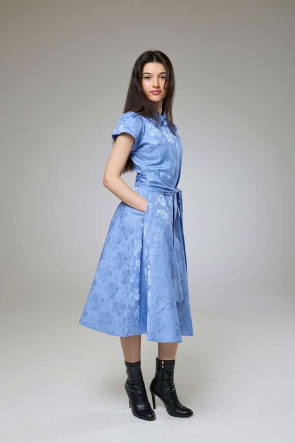 Isha's Timeless collection Sky Blue Petals Short Sleeve Shirt Dress