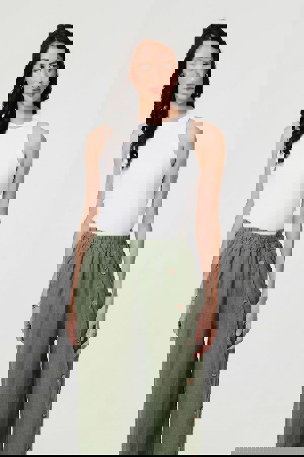 Khaki | Button Detail Wide High Waist Trousers
