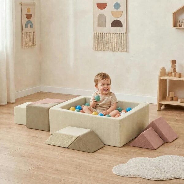 Soft Play 9 Piece Foam Climbing Blocks Soft Play Set with Tangram Play, Removable Cover for Kids Room, Ages 3-6 Years - Beige