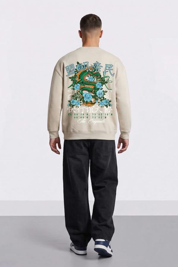 London Attitude Oversized Dragon Graphic Sweatshirt - Stone