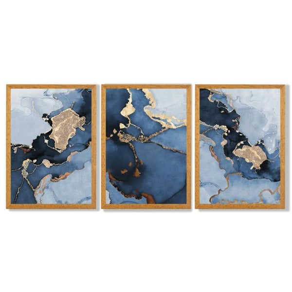 Artze Wall Art Framed Set of 3 Abstract Art Prints of Paintings Navy Blue and Gold