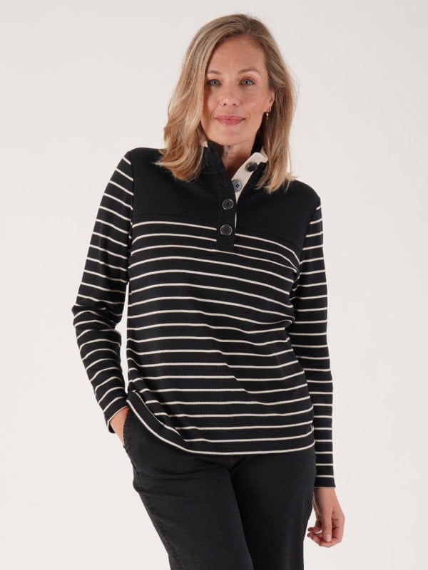PennyPlain Striped Funnel Neck Top - Black