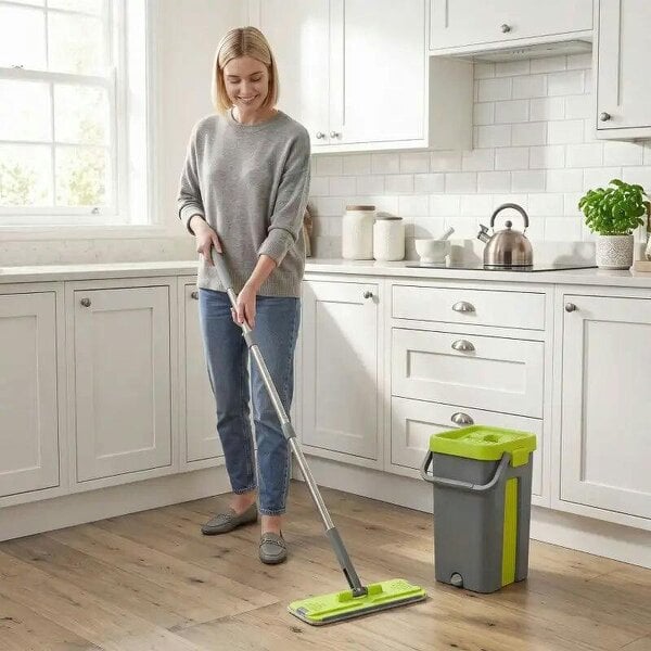 Bobobiy Mop and Bucket with Wringer Set, Flat Mop and Bucket with 2 Chambers, Rotating Head, Wet and Dry Use, Dark Grey - Dark Grey