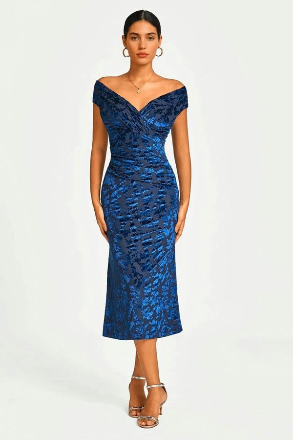 FS Collection Floral Velvet Devore Bardot Pleated Midi Dress In Navy